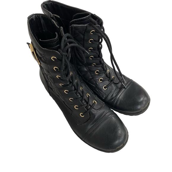 GUESS Shoes - G by Guess Quilted Black Combat Boots SIZE 9M Goldtone Hardware Lug Sole Shoes